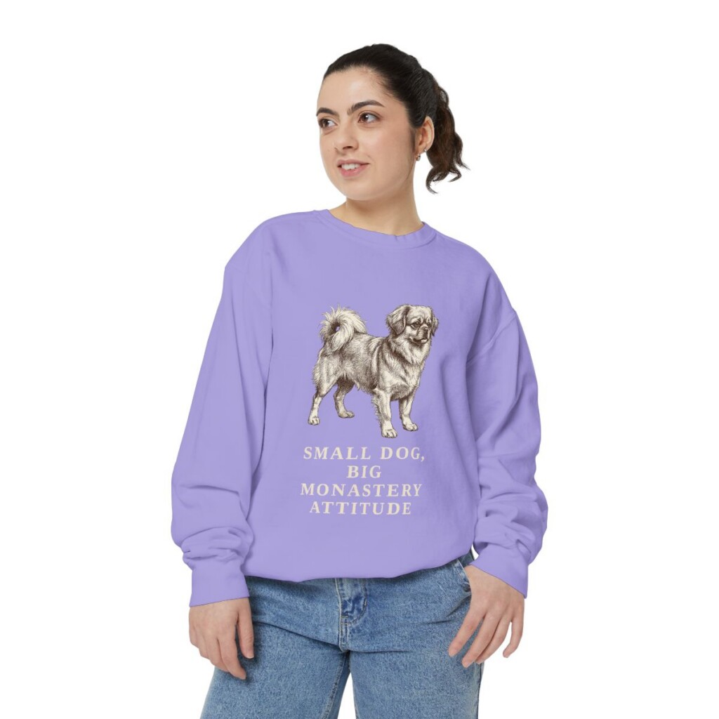 Tibetan Spaniel Humor Sweatshirt, Violet, person 2 front