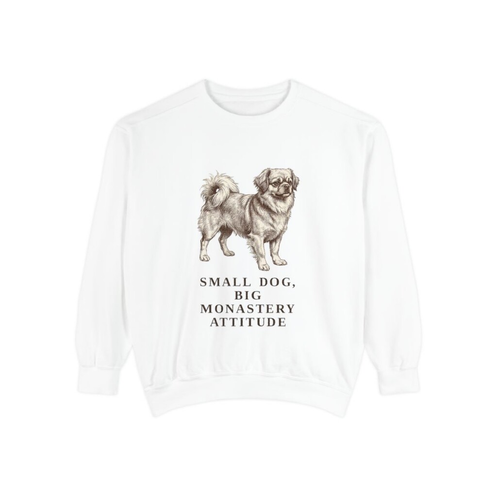 Tibetan Spaniel Humor Sweatshirt, White, front view