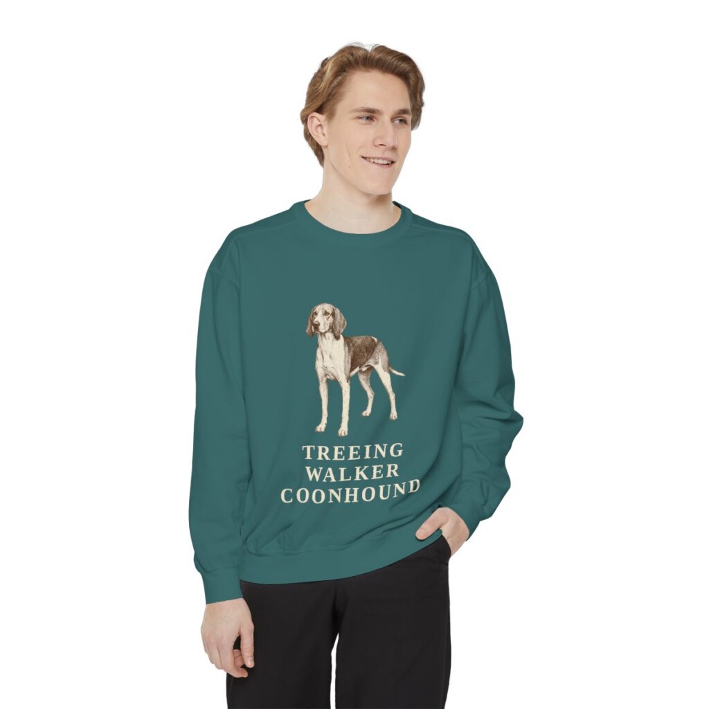 Treeing Walker Coonhound Sweatshirt, Blue Spruce, person 1 front