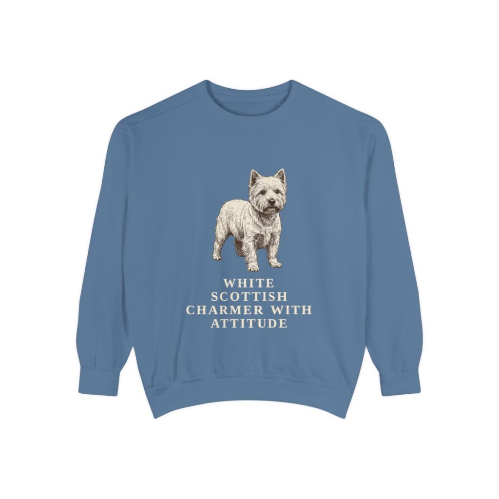 West Highland White Terrier Humor Sweatshirt, Blue Jean, front view