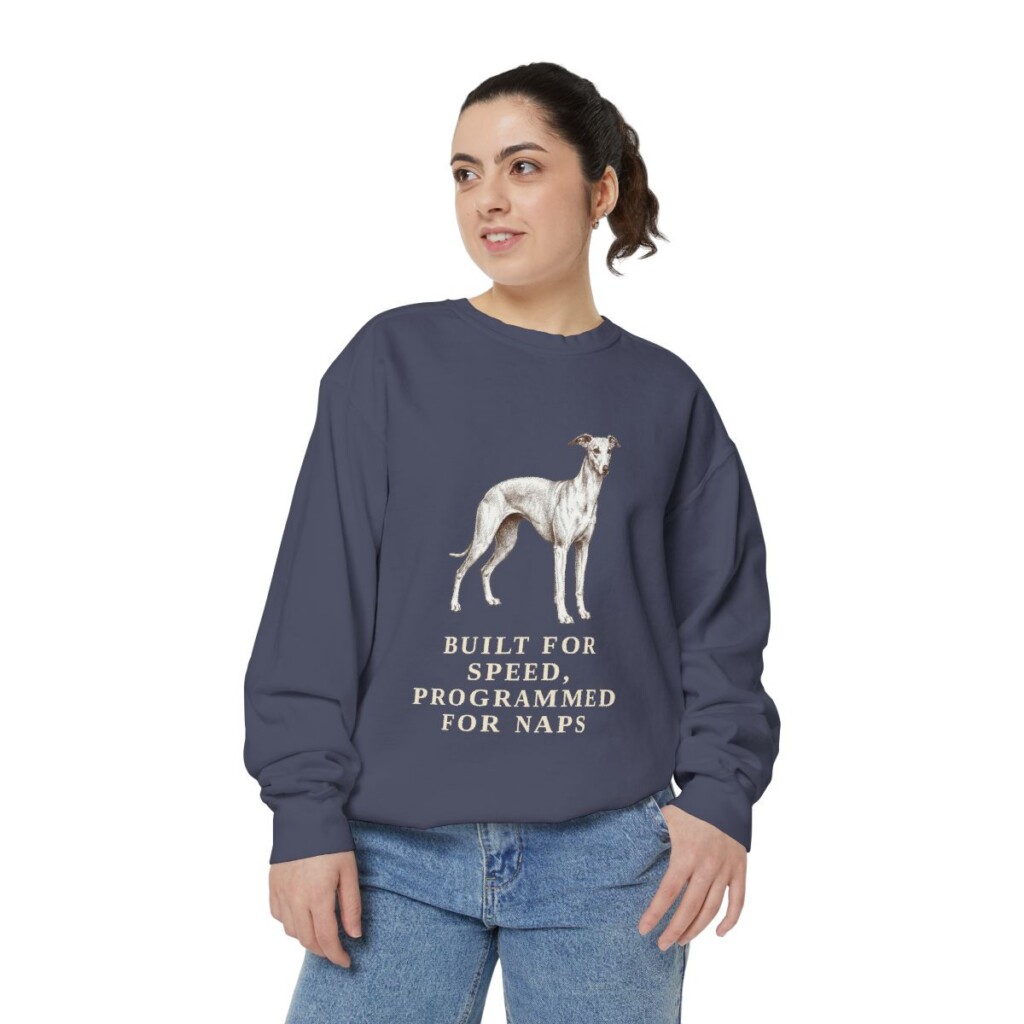 Whippet Humor Sweatshirt, Denim, person 2 front