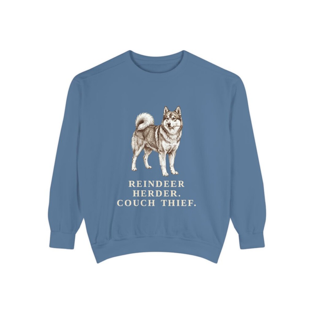 Yakutian Laika Humor Sweatshirt, Blue Jean, front view