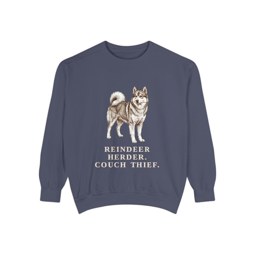 Yakutian Laika Humor Sweatshirt, Denim, front view