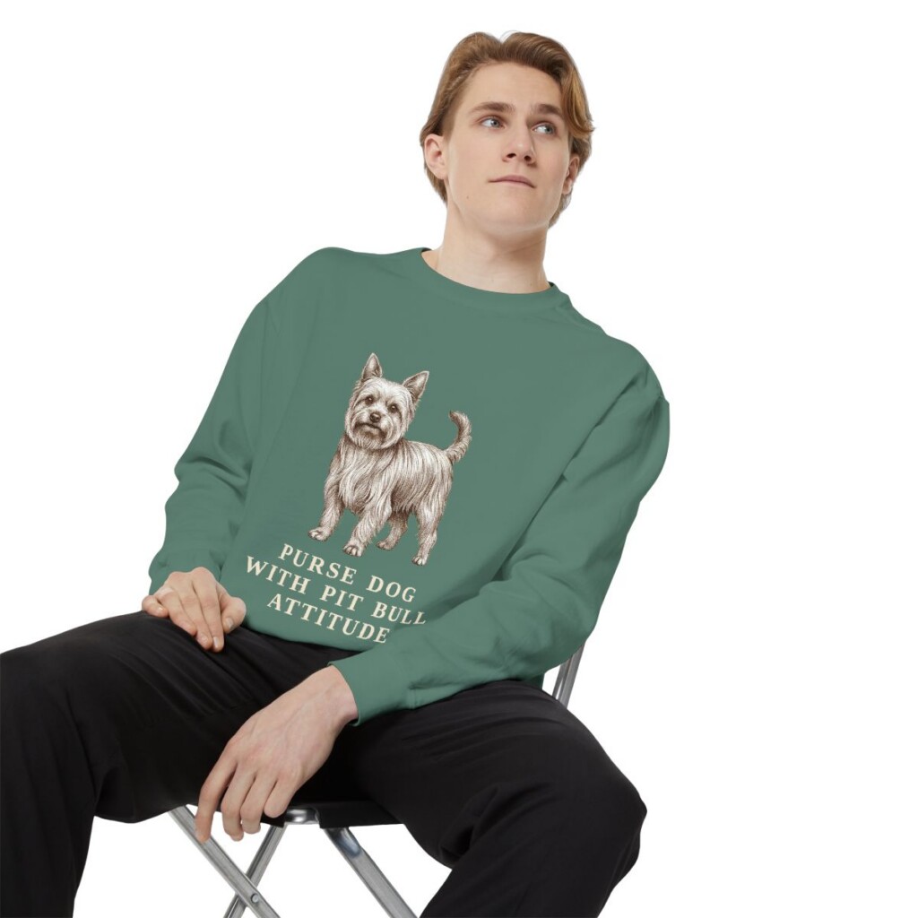 Yorkshire Terrier Humor Sweatshirt, Light Green, person 1 context